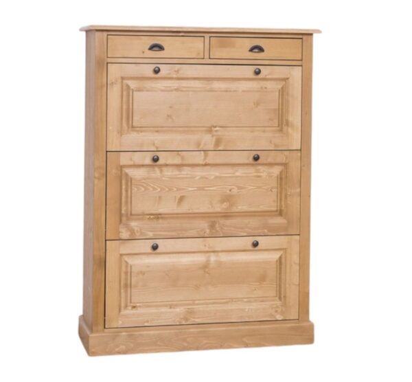 Landelijke schoenenkast met drie kleppen, vakken en twee kleine lades. Het meubel kan op verschillende manieren geverfd worden in verschillende kleuren en kan op maat gemaakt worden. Gemaakt van massief eiken hout in de kleur naturel. Villa Laura