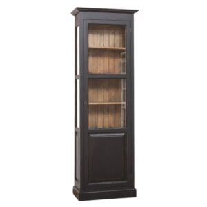 Landelijke boekenkast met zes vakken met deur met glas. Gemaakt van massief eiken hout in de kleur zwart. Het meubel kan op verschillende manieren geverfd worden in verschillende kleuren en kan op maat gemaakt worden. Villa Laura