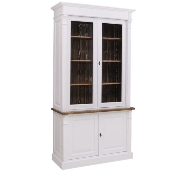 Landelijke buffetkast met deuren en lades voor opbergruimte. De buffetkast heeft onder 2 deuren en 2 lades erboven naast elkaar. Bovenaan de kast zitten twee lange deuren met glas met planken erachter. Gemaakt van massief eiken hout in de kleur wit en donker bruin binnenkant. Het meubel kan op verschillende manieren geverfd worden in verschillende kleuren en kan op maat gemaakt worden. Villa Laura