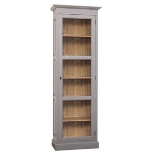 Landelijke vitrinekast met deur met glas. Gemaakt van massief eiken hout in de kleur grijs en binnenkant bruin hout. Het meubel kan op verschillende manieren geverfd worden in verschillende kleuren en kan op maat gemaakt worden. Villa Laura