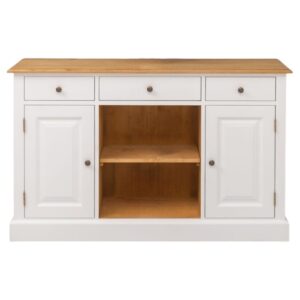 Dressoir met lades, vakken en open vakken voor opbergruimte. Gemaakt van massief eiken hout in de kleur wit met licht warm eiken. Het meubel kan op verschillende manieren geverfd worden in verschillende kleuren en kan op maat gemaakt worden. Villa Laura)