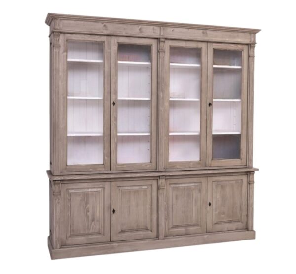 Landelijk klassieke bibliotheekkast/boekenkast/buffetkast/vitrinekast met deuren. de planken in de kast zijn verstelbaar. Gemaakt van massief hout eiken in de kleur grijs greywashing en binnenkant wit. Het kan op maat gemaakt worden. Villa Laura