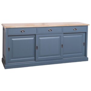 landelijk klassiek dressoir met 3 schuifdeuren en lades voor veel opbergruimte. Gemaakt van massief hout eiken in de kleur donker staalblauw, blauw en een robuuste naturel eiken blad. Het kan op maat gemaakt worden. Villa Laura