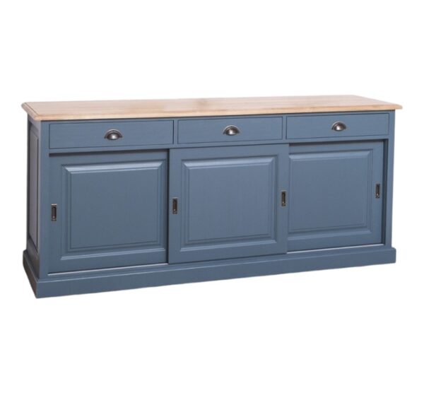 landelijk klassiek dressoir met 3 schuifdeuren en lades voor veel opbergruimte. Gemaakt van massief hout eiken in de kleur donker staalblauw, blauw en een robuuste naturel eiken blad. Het kan op maat gemaakt worden. Villa Laura