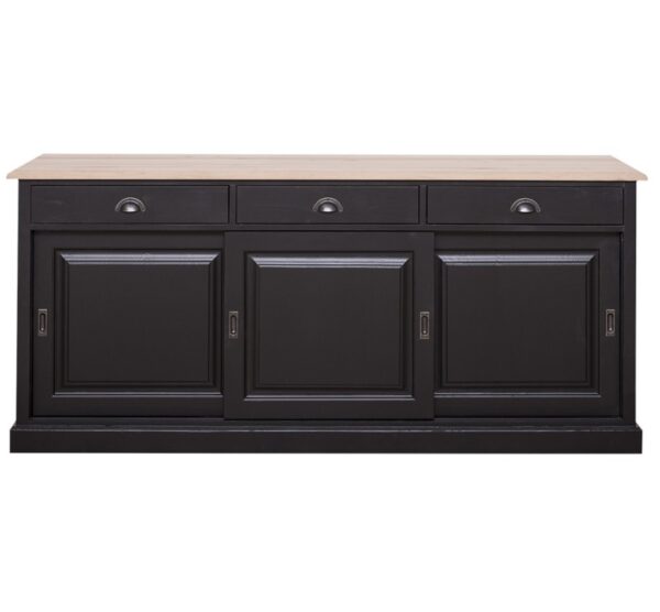 landelijk klassiek dressoir met 3 schuifdeuren en lades voor veel opbergruimte. Gemaakt van massief hout eiken in de kleur hoogglans zwart en een robuuste naturel eiken blad. Het kan op maat gemaakt worden. Villa Laura