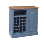 Landelijke lage wijn-/drankkast met opbergruimte, 20 plekken voor flessen en een groot kastje. De wijn-/drankkast is gemaakt van eiken hout. de kast heeft de kleur gebroken wit. Villa Laura