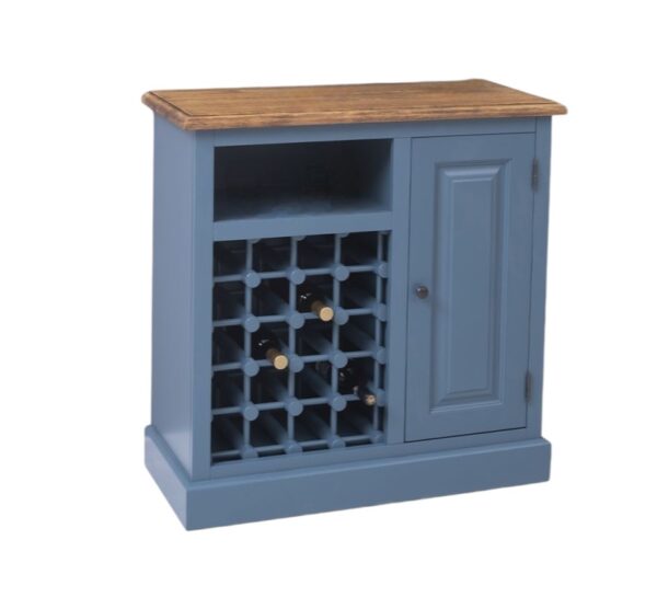 Landelijke lage wijn-/drankkast met opbergruimte, 20 plekken voor flessen en een groot kastje. De wijn-/drankkast is gemaakt van eiken hout. de kast heeft de kleur gebroken wit. Villa Laura