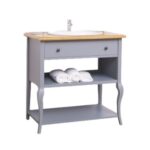 Landelijk badkamermeubel met een lade en twee onderbladen. Gemaakt van massief eiken hout in de kleur blauwgrijs met naturel eiken blad. Het meubel kan op verschillende manieren geverfd worden in verschillende kleuren en kan op maat gemaakt worden. Villa Laura