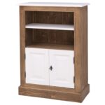 Landelijke bureaukastje met deuren en open vakken voor opbergruimte. Onderaan 2 kleine deurtjes met daarboven 2 open vakken onder elkaar. Gemaakt van massief eiken hout in de kleur wit en warm eiken. Het meubel kan op verschillende manieren geverfd worden in verschillende kleuren en kan op maat gemaakt worden. Villa Laura