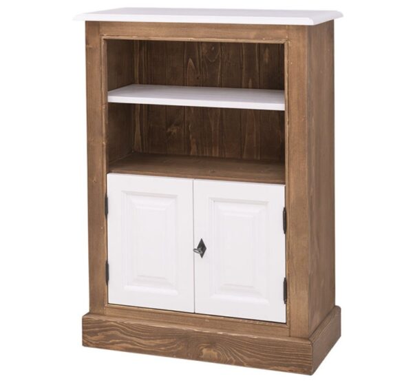 Landelijke bureaukastje met deuren en open vakken voor opbergruimte. Onderaan 2 kleine deurtjes met daarboven 2 open vakken onder elkaar. Gemaakt van massief eiken hout in de kleur wit en warm eiken. Het meubel kan op verschillende manieren geverfd worden in verschillende kleuren en kan op maat gemaakt worden. Villa Laura
