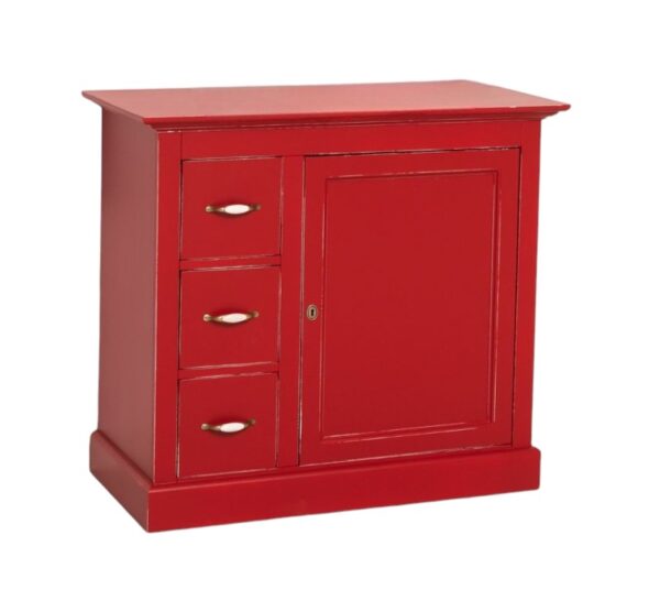 Landelijke ladekast met drie kleine lades onder elkaar en één deurtje voor opbergruimte. Gemaakt van massief eiken hout in de kleur rood. Het meubel kan op verschillende manieren geverfd worden in verschillende kleuren en kan op maat gemaakt worden. Villa Laura