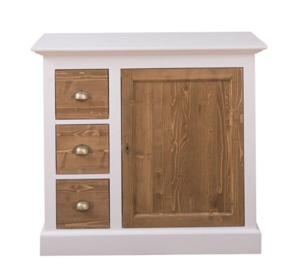 Landelijke ladekast met drie kleine lades onder elkaar en één deurtje voor opbergruimte. Gemaakt van massief eiken hout in de kleur wit met warm eiken. Het meubel kan op verschillende manieren geverfd worden in verschillende kleuren en kan op maat gemaakt worden. Villa Laura