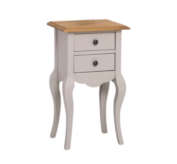 Landelijke plantentafel/zuil/ladekast/nachtkastje met twee lades. Gemaakt van massief eiken hout in de kleur blauwgrijs. Het meubel kan op verschillende manieren geverfd worden in verschillende kleuren en kan op maat gemaakt worden. Villa Laura