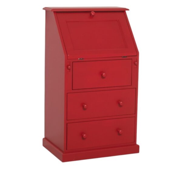 Landelijke secretaire met verschillende formaten vakken. Gemaakt van massief eiken hout in de kleur rood. Het meubel kan op verschillende manieren geverfd worden in verschillende kleuren en kan op maat gemaakt worden. Villa Laura