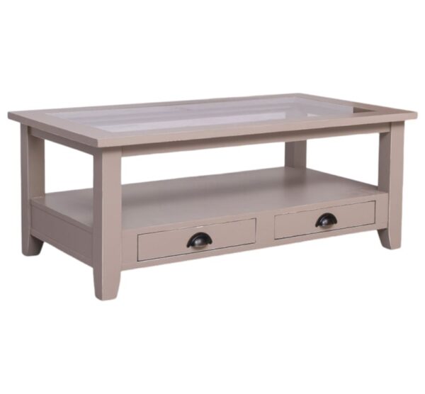 Landelijke, klassieke, extravagante salontafel met 2 lades in een onderblad en een glazen blad. Op de lades zit een komgreep. Gemaakt van massief eiken hout in de kleur taupe, zand, beige. De salontafel kan op verschillende manieren geverfd worden in verschillende kleuren en kan op maat gemaakt worden. Villa Laura