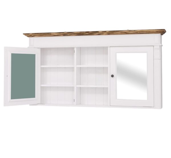 Landelijk hangkast/spiegelkast, medicijnenkst voor badkamer met planken en spiegel in de afmeting 154 cm breedt. in de kleur wit.