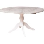 Landelijke uitschuifbare ronde eettafel met een klassiek onderstel. Eettafel gemaakt van eikenhout. Onderstel in de kleur bruin en het tafelblad in de kleur white wash en wit. Villa Laura