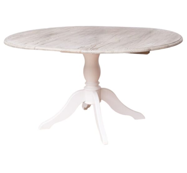Landelijke uitschuifbare ronde eettafel met een klassiek onderstel. Eettafel gemaakt van eikenhout. Onderstel in de kleur bruin en het tafelblad in de kleur white wash en wit. Villa Laura