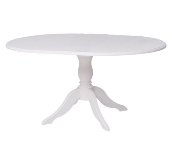 Landelijke uitschuifbare ronde eettafel met een klassiek onderstel. Eettafel gemaakt van eikenhout. Onderstel in de kleur bruin en het tafelblad in de kleur white wash. Villa Laura