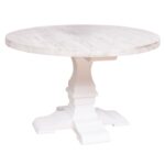 Landelijke koloniale ronde tafel met groot onderstel met eiken houten blad die op maat gemaakt kan worden. de poot is een kolompoot van een kasteeltafel. Het tafelblad is in de kleur white wash tafelblad en een witte poot. Villa Laura