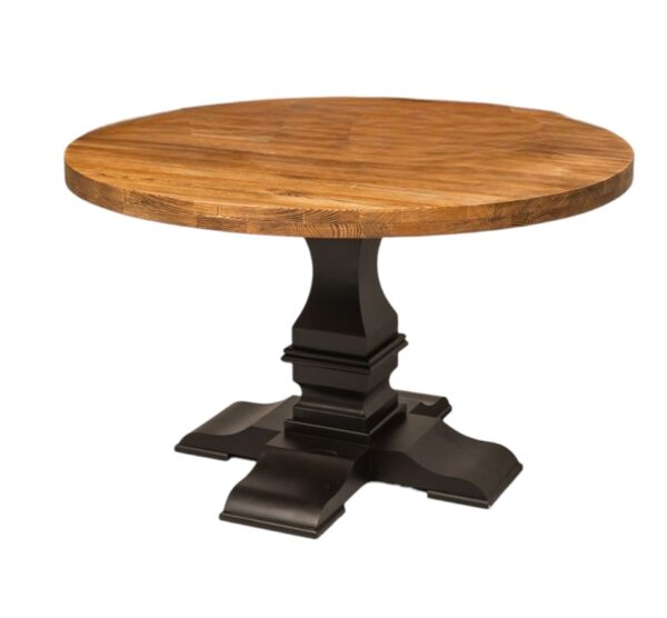 Landelijke koloniale ronde tafel met groot onderstel met eiken houten blad die op maat gemaakt kan worden. de poot is een kolompoot van een kasteeltafel. Het tafelblad is in de kleur warm rustiek bruin eiken en een zwarte poot. Villa Laura
