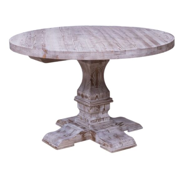 Landelijke koloniale ronde tafel met groot onderstel met eiken houten blad die op maat gemaakt kan worden. de poot is een kolompoot van een kasteeltafel. Het tafelblad is in de kleur beachwood, ibiza, rustiek white wash. Villa Laura