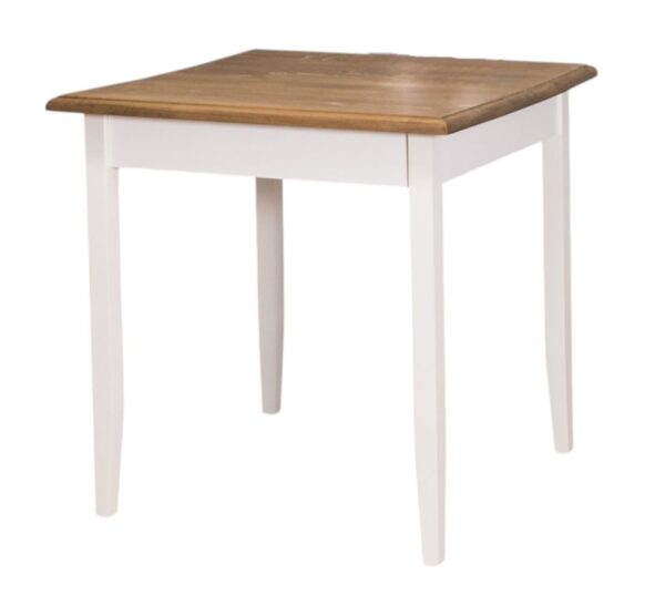 Landelijke vierkante eettafel 80x80 cm met vier poten. Gemaakt van massief eiken hout in de kleur wit met een warm bruin blad. Het meubel kan op verschillende manieren geverfd worden in verschillende kleuren en kan op maat gemaakt worden. Villa Laura