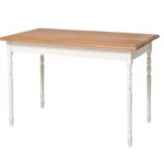 Landelijke klassieke rechthoekige eettafel met een smal blad met gedraaide poten. De eettafel kan op maat gemaakt worden. De kleur van het blad is naturel eiken met witte poten onderstel. De tafel is geschikt voor horeca. verkrijgbaar bij Villa Laura