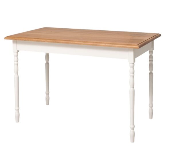 Landelijke klassieke rechthoekige eettafel met een smal blad met gedraaide poten. De eettafel kan op maat gemaakt worden. De kleur van het blad is naturel eiken met witte poten onderstel. De tafel is geschikt voor horeca. verkrijgbaar bij Villa Laura