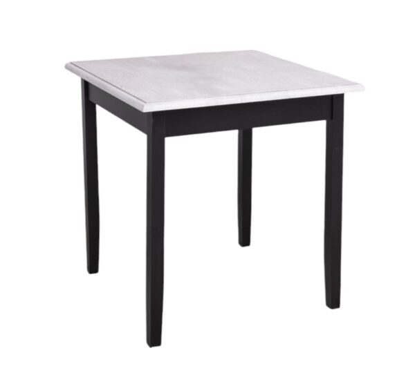 Landelijke vierkante eettafel 80x80 cm met vier poten. Gemaakt van massief eiken hout in de kleur zwart met een naturel white wash blad. Het meubel kan op verschillende manieren geverfd worden in verschillende kleuren en kan op maat gemaakt worden. Villa Laura