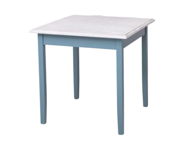 Landelijke vierkante eettafel 80x80 cm met vier poten. Gemaakt van massief eiken hout in de kleur blauw paars met een naturel white wash blad. Het meubel kan op verschillende manieren geverfd worden in verschillende kleuren en kan op maat gemaakt worden. Villa Laura
