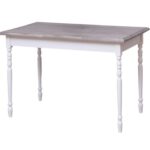 Landelijke klassieke rechthoekige eettafel met een smal blad met gedraaide poten. De eettafel kan op maat gemaakt worden. De kleur van het blad is licht vergrijst eiken met witte poten onderstel. De tafel is geschikt voor horeca. verkrijgbaar bij Villa Laura