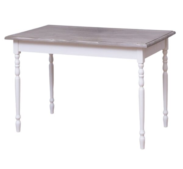 Landelijke klassieke rechthoekige eettafel met een smal blad met gedraaide poten. De eettafel kan op maat gemaakt worden. De kleur van het blad is licht vergrijst eiken met witte poten onderstel. De tafel is geschikt voor horeca. verkrijgbaar bij Villa Laura