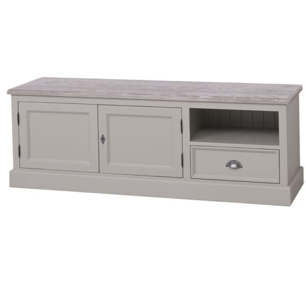 Landelijk tv meubel met 2 kastjes, 1 kleine lade en een open vak. Gemaakt van massief hout eiken in de kleur grijs met vergrijsd eiken blad. Het tv meubel kan op verschillende manieren geverfd worden in verschillende kleuren en kan op maat gemaakt worden. Villa Laura