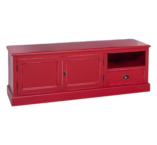 Landelijk tv meubel met 2 kastjes, 1 kleine lade en een open vak. Gemaakt van massief hout eiken in de kleur rood. Het tv meubel kan op verschillende manieren geverfd worden in verschillende kleuren en kan op maat gemaakt worden. Villa Laura