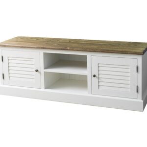 Landelijk shutter/louvre tv meubel met twee deuren en twee open vakken. Gemaakt van massief eiken hout in de kleur wit en warm bruin eiken. Het meubel kan op verschillende manieren geverfd worden in verschillende kleuren en kan op maat gemaakt worden. Villa Laura