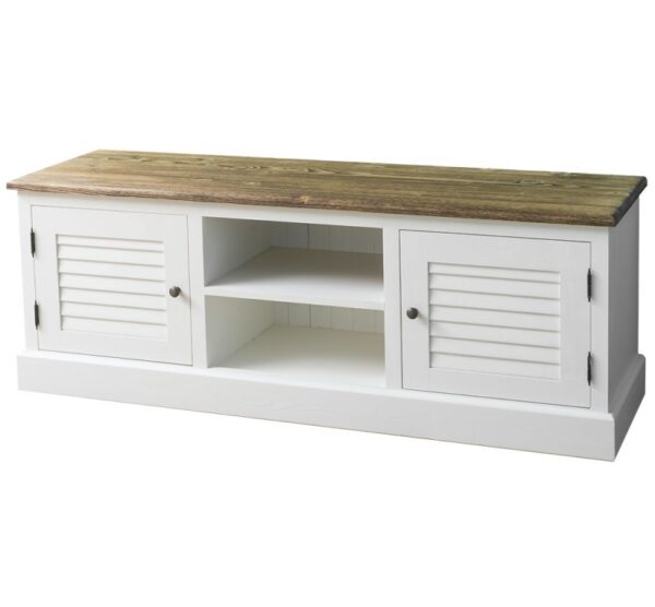 Landelijk shutter/louvre tv meubel met twee deuren en twee open vakken. Gemaakt van massief eiken hout in de kleur wit en warm bruin eiken. Het meubel kan op verschillende manieren geverfd worden in verschillende kleuren en kan op maat gemaakt worden. Villa Laura