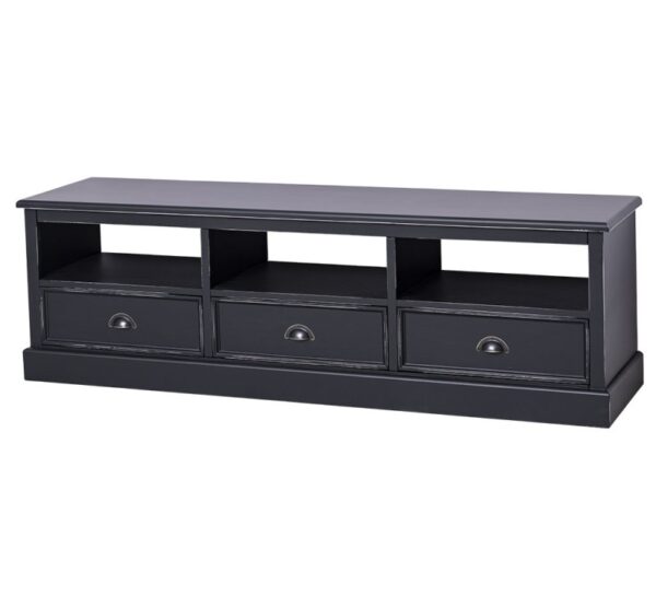 Landelijke tv meubel met 3 lades en 3 open vakken voor opbergruimte. Gemaakt van massief eiken hout in de kleur zwart vintagelook. Het tv meubel kan op verschillende manieren geverfd worden in verschillende kleuren en kan op maat gemaakt worden. Villa Laura