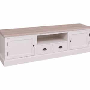 Landelijke tv meubel met open vak, 2 deurtjes en 2 lades. Gemaakt van massief eiken hout in de kleur wit en licht eiken. Het meubel kan op verschillende manieren geverfd worden in verschillende kleuren en kan op maat gemaakt worden. Villa Laura