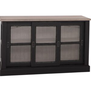 landelijk klassiek vitrine dressoir glazen schuifdeuren voor veel opbergruimte. Gemaakt van massief hout in de kleur zwart en licht eiken blad. Het kan op maat gemaakt worden. Villa Laura