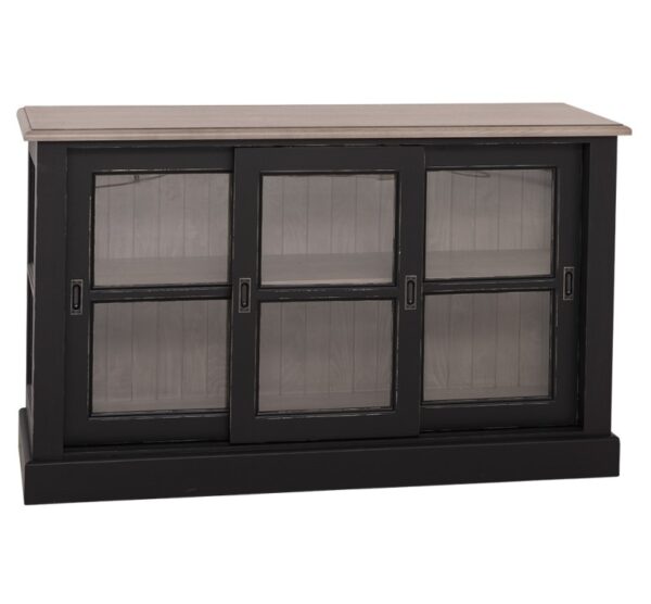 landelijk klassiek vitrine dressoir glazen schuifdeuren voor veel opbergruimte. Gemaakt van massief hout in de kleur zwart en licht eiken blad. Het kan op maat gemaakt worden. Villa Laura