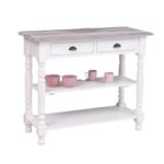 Landelijke smalle sidetable/winkeldisplay met 2 kleine lades en 2 planken voor opbergruimte. De sidetable heeft mooie lange klassieke poten en de lades gaan open door middel van een handgreep met bloemen erop. De onderkant van de kast heeft de kleur wit en het boven blad heeft de kleur eiken bruin. De kast is gemaakt van massief eiken hout. De kast kan op verschillende manieren geverfd worden in verschillende kleuren en kan op maat gemaakt worden. Villa Laura