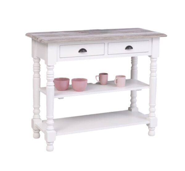 Landelijke smalle sidetable/winkeldisplay met 2 kleine lades en 2 planken voor opbergruimte. De sidetable heeft mooie lange klassieke poten en de lades gaan open door middel van een handgreep met bloemen erop. De onderkant van de kast heeft de kleur wit en het boven blad heeft de kleur eiken bruin. De kast is gemaakt van massief eiken hout. De kast kan op verschillende manieren geverfd worden in verschillende kleuren en kan op maat gemaakt worden. Villa Laura