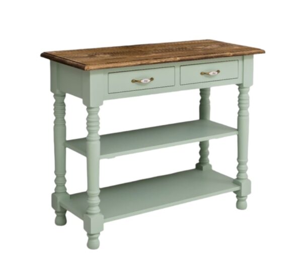 Landelijke smalle sidetable/winkeldisplay met 2 kleine lades en 2 planken voor opbergruimte. De sidetable heeft mooie lange klassieke poten en de lades gaan open door middel van een handgreep met bloemen erop. De onderkant van de kast heeft de kleur mint en het boven blad heeft de kleur eiken bruin. De kast is gemaakt van massief eiken hout. De kast kan op verschillende manieren geverfd worden in verschillende kleuren en kan op maat gemaakt worden. Villa Laura