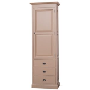 Landelijke opbergkast/wandkast/kledingkast met een deur en drie lades. Gemaakt van massief eiken hout in de kleur zand beige. Het meubel kan op verschillende manieren geverfd worden in verschillende kleuren en kan op maat gemaakt worden. Villa Laura