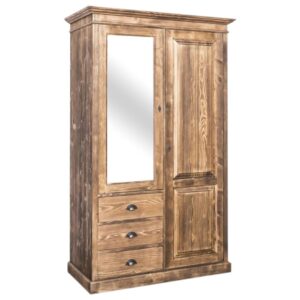 Landelijk klassiek kledingkast met spiegel. de kledingkast heeft aan de rechterkant een lange kast en aan de linkerkant 3 lades en een kleine kast met spiegel. Gemaakt van massief hout eiken in de kleur rustiek bruin gebrand hout. De kast kan op verschillende manieren geverfd worden in verschillende kleuren en kan op maat gemaakt worden. Villa Laura