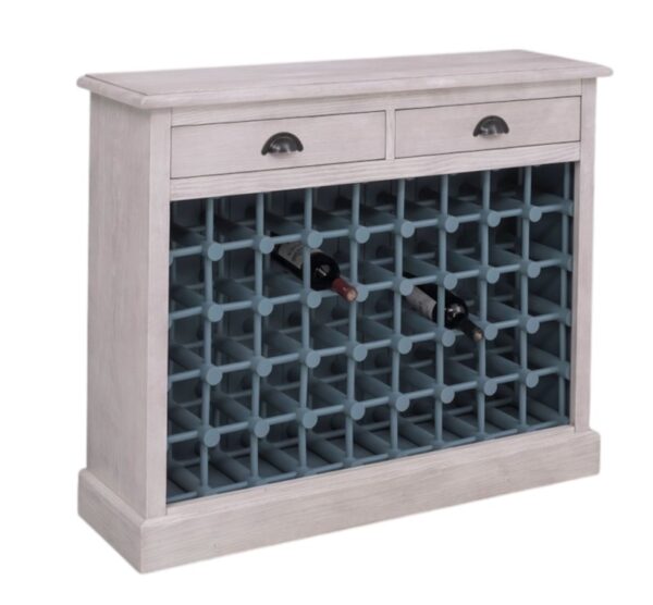 Landelijke lage wijnkast met 45 plekken voor wijnflessen en twee lades. De wijnkast is gemaakt van eiken hout. De buitenkant van de kast is wit en de binnenkant van de kast is in de kleur wax finish - naturel. Villa Laura