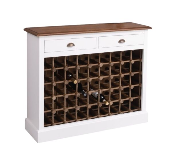 Landelijke lage wijnkast met 45 plekken voor wijnflessen en twee lades. De wijnkast is gemaakt van eiken hout. De buitenkant van de kast is wit en de binnenkant van de kast is in de kleur wax finish - naturel. Villa Laura