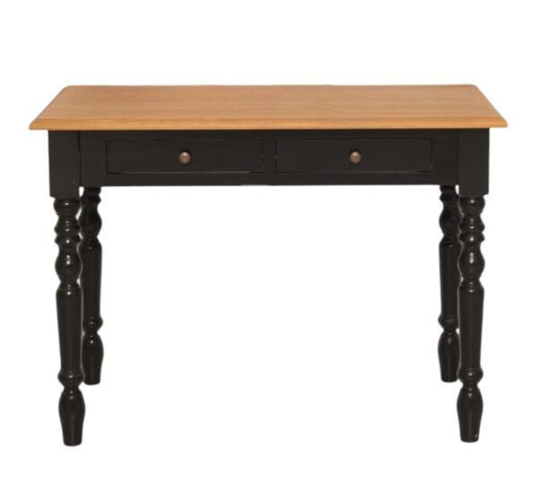 Landelijk bureau met twee lades. Gemaakt van massief eiken hout in de kleur zwart en naturel eiken blad. Het meubel kan op verschillende manieren geverfd worden in verschillende kleuren en kan op maat gemaakt worden. Villa Laura