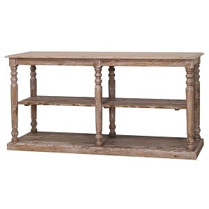 landelijk houten winkeldisplay / presentatietafel met legplank. Dit is ideaal voor je producten mooi te presenteren voor de verkoop. Gemaakt van massief hout eiken met een afwerking van white wash. dit geeft een rustieke uitstraling. Villa Laura